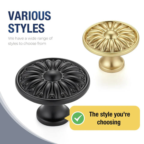 Matte Black Cabinet Knobs Set With Rosette Design One And A Quarter Inch Ten Pack Sturdy Zinc Alloy Drawer Handles For Kitchen Cabinets And Dressers Easy One Hole Install Perfect For A Quick Style Upgrade, black and gold rosette knobs