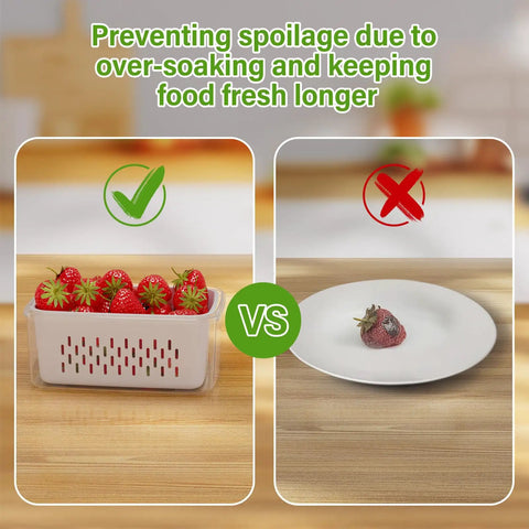 Comparison of Fridge Fruit Storage Set with Removable Colander vs plate with spoiled strawberry