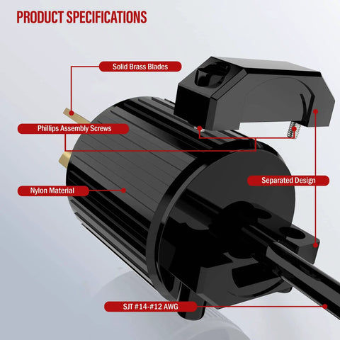 Close-up of Built Tough Heavy Duty NEMA 6 15P Straight Blade Plug Connector with nylon construction and solid brass blades for industrial use.
