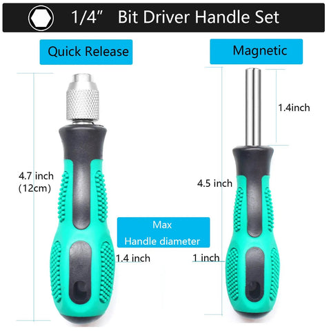 2 Piece One Quarter Inch Hex Quick Change Screwdriver Bit Holder Set With Magnetic Bit Holder And Quick Change Handle, teal rubber grips
