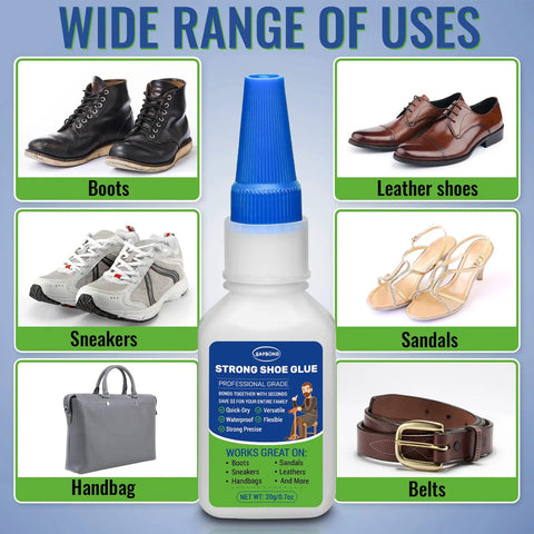 Quick Dry Shoe Glue For Sneakers, Boots, Sandals And More, Pro Grade Waterproof Clear Adhesive For Sole Repair, Heels, Leathers, And Handbags, Flexible Strong Bond That Wont Peel Or Crack, with various shoes, handbag, and belt shown.
