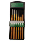6-Piece Alloy Steel Chisel Set For Concrete Breaking And Stone Carving in storage case showing size labels