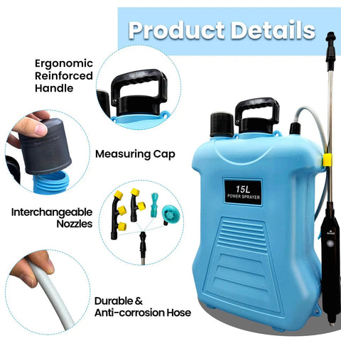 Blue 4 Gallon Electric Backpack Sprayer With Telescopic Wand And Four Nozzles, ergonomic handle, interchangeable nozzles