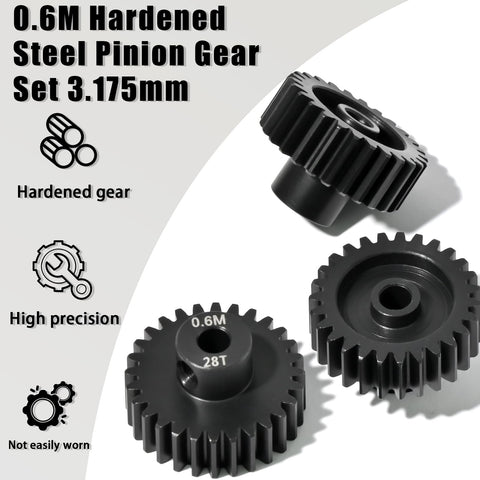 Beefy 0.6M Hardened Steel Pinion Gear Set for 1/10 RC Cars and Trucks 3.175mm Shaft 26T 27T 28T with M4 Screws and Hex Key