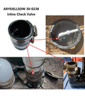 Inline check valve ARYEIELLSOW 30-0238, black; front and installed views with hose clamp and PVC piping.