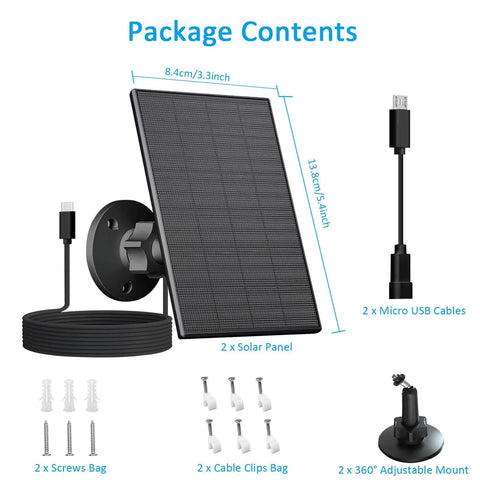Package contents of 2 Pack Outdoor Solar Panel For Security Cameras With USB And USB C Charger IP65 Waterproof 360 Degree Adjustable Mount