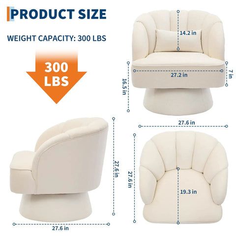 Velvet Swivel Barrel Chair With Plush Padding And Striped Backrest, dimensions and weight capacity details, modern lounge seat.