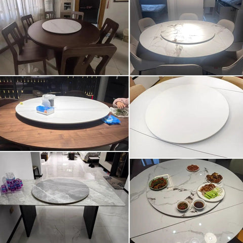 Purple Marble Lazy Susan Turntable 24 Inch Round Dining Tray on various tables showcasing 360 Degree Silent Spin