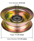 Front view of flat idler pulley with 3/8 in bore, 3 7/8 in outer diameter, 1 1/2 in height; metal.