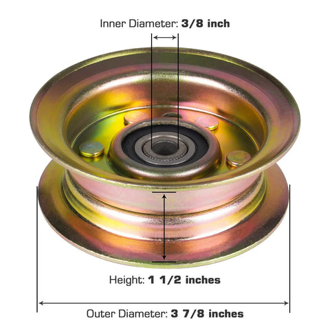 Front view of flat idler pulley with 3/8 in bore, 3 7/8 in outer diameter, 1 1/2 in height; metal.