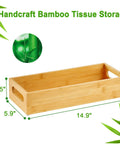 Bamboo Toilet Paper Tray Organizer With Handles Waterproof Storage Basket For Bathroom Counter Top Tank Or Kitchen Counter Fourteen Point Nine By Five Point Nine Inches Durable Natural Bamboo Construction With Waterproof Coating Reusable And Eco Friendly, displayed against green bamboo design.