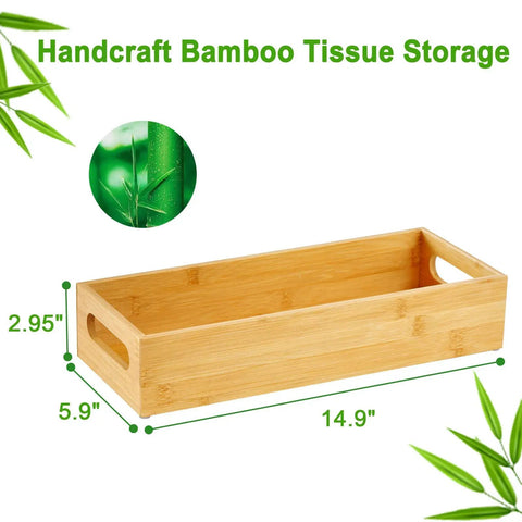 Bamboo Toilet Paper Tray Organizer With Handles Waterproof Storage Basket For Bathroom Counter Top Tank Or Kitchen Counter Fourteen Point Nine By Five Point Nine Inches Durable Natural Bamboo Construction With Waterproof Coating Reusable And Eco Friendly, displayed against green bamboo design.
