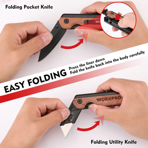 WORKPRO 2-in-1 folding knife with wood-grain handle; includes 10 SK5 blades, belt clip, liner lock.