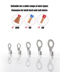 Five tin-plated uninsulated brass ring terminals in different sizes for crimp on wiring, suitable for AWG 22 to 10 applications.