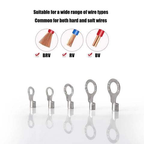 Five tin-plated uninsulated brass ring terminals in different sizes for crimp on wiring, suitable for AWG 22 to 10 applications.