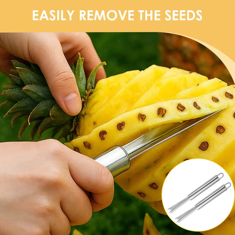 Pineapple Eye Remover Tool Set With Two V Shaped Cutters And Two Removal Clips in use on fresh pineapple