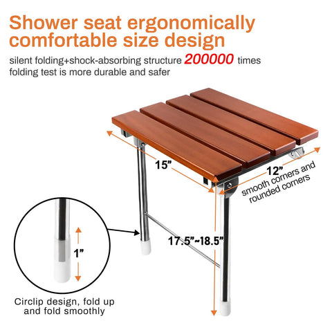 Fold Down Teak Shower Seat Wall Mount With Legs, showing dimensions and foldable design, space-saving for small bathrooms