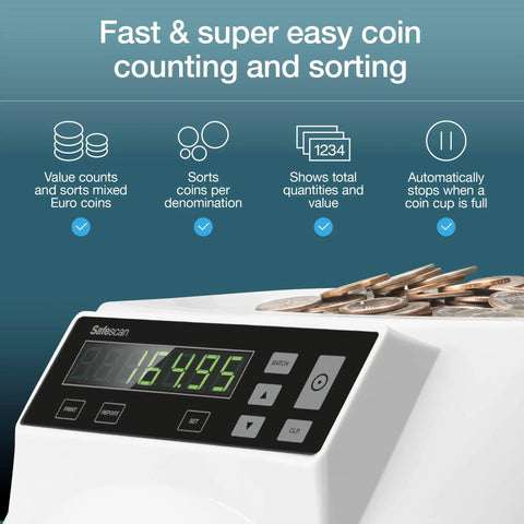 Fast USD Coin Counter And Sorter That Quickly Value Counts Mixed Denominations features and display close-up