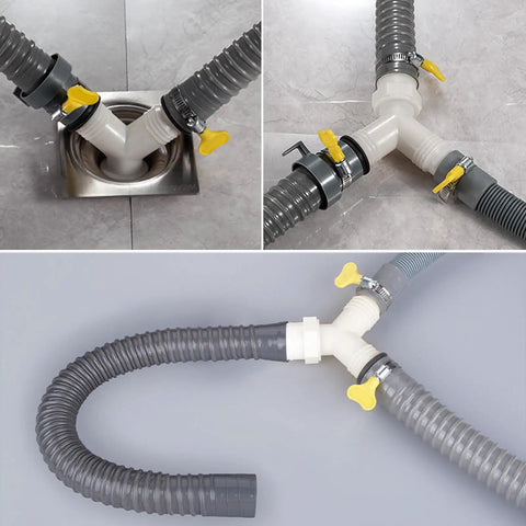 Heavy Duty Universal Drain Hose Fitting Tee With Three Secure Clamps For Washing Machine And Dishwasher connects 20mm to 32mm tubing.