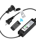 Outdoor String Light Dimmer 360W Max With Timed 6H And 8H Switches, remote control, power cord, and waterproof casing visible.