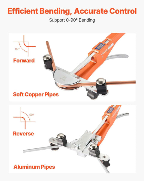 VEVOR Ratcheting Tubing Bender Kit For 1/4 To 7/8 Inch With 7 Aluminum Dies demonstrated bending soft copper and aluminum pipes.
