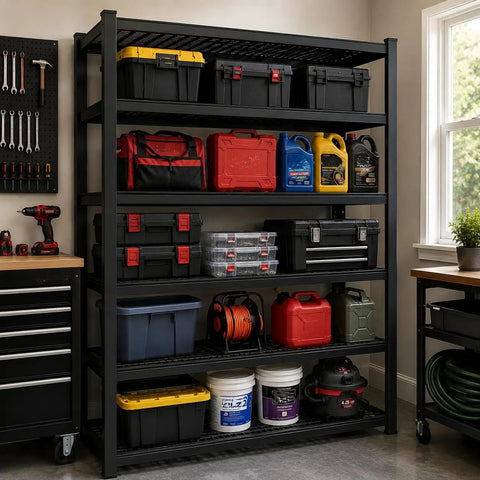 Heavy Duty 5 Tier Garage Shelving Unit With Reinforced Steel Wire Mesh Shelves, 24 Inch Deep, 72 Inch High, 40W x 24D, Keeps 27-Gallon Totes, Tools, Basement And Warehouse Organized, Black with totes and tools