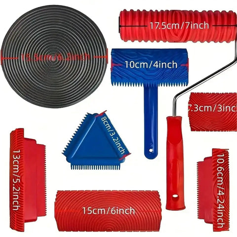 Top Shelf Wood Grain Paint Roller Set For No Sweat Wall And Furniture Refinishing With Slick Flexible Rubber Texturing Brush For Instant Realistic Lumber Vibe, featuring six painting tools.