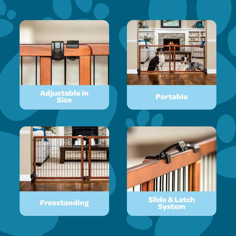 Collage of Extra Tall 28 Inch Freestanding Dog Gate showing adjustable size, portable use, freestanding design, and slide latch system.