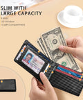 Slim RFID Leather Bifold Wallet For Men Minimalist Card Holder For 6 To 11 Cards With ID Window And Cash Slot Front Pocket Design Thin Wallet with hands holding cash and cards