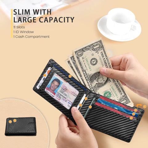 Slim RFID Leather Bifold Wallet For Men Minimalist Card Holder For 6 To 11 Cards With ID Window And Cash Slot Front Pocket Design Thin Wallet with hands holding cash and cards