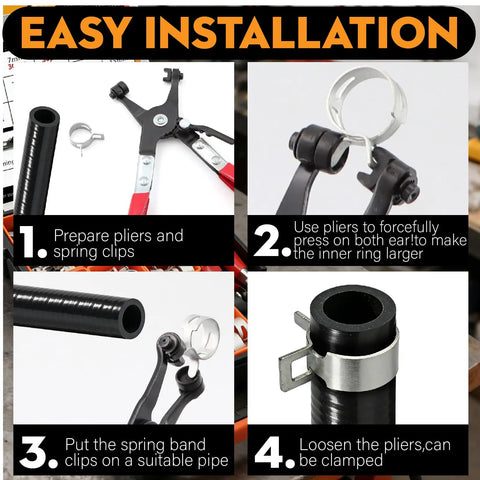 Steps for using 355-Piece Spring Band Hose Clamp Kit in 15 Sizes Ranging 6 to 25mm, showing pliers and clamp installation.