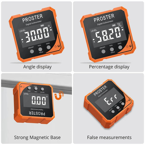 Heavy Duty Digital Angle Finder Torpedo Level Featuring A Dead On Magnetic Mount Plus Super Precise Zero To Ninety Degree Readings for angle and percentage display.