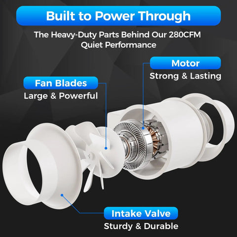 4 Inch Duct Fan With Speed Controller Inline Exhaust Fan Black, 280 CFM Airflow, 2200 RPM, Quiet 30 dB, Beast Mode Ventilation For Grow Tents, Bathrooms, Kitchens, Odor And Moisture Control, exploded view