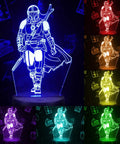Four Pattern 3D Illusion Lamp With Sixteen Color LEDs Timed Remote Realistic 3D Night Light showing a warrior in various LED colors