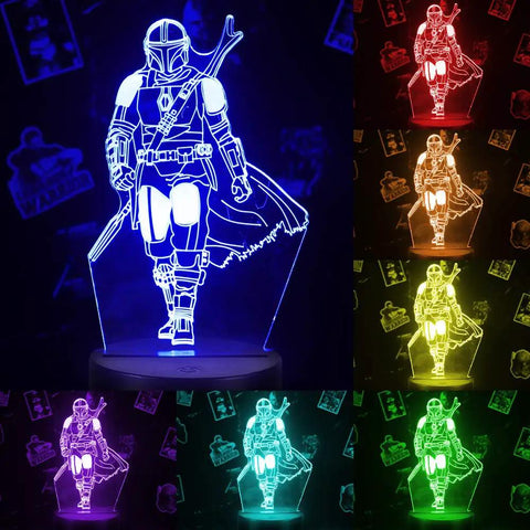 Four Pattern 3D Illusion Lamp With Sixteen Color LEDs Timed Remote Realistic 3D Night Light showing a warrior in various LED colors