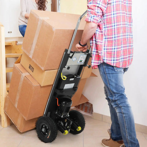 Heavy Duty 1200W Electric Stair Climber Trolley That Hauls Massive Loads Up Steps Like A Boss With Rust Resistant Stainless Steel Deck For Tough Job Sites, moving boxes up stairs.