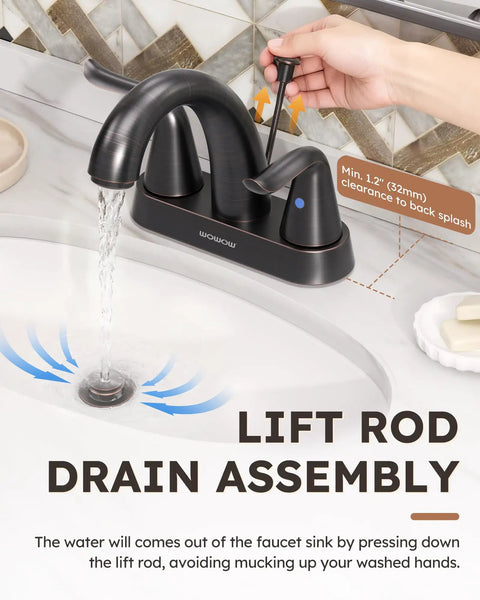 Oil Rubbed Bronze 4 Inch Centerset Bathroom Faucet With Two Handles And Lift Rod Drain Assembly in use