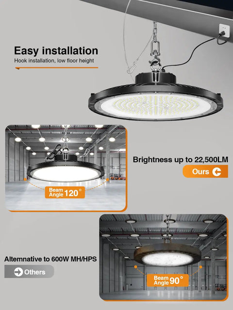 UFO LED High Bay Light 10 Pack 150W 5000K Daylight 22500LM Crazy Bright Waterproof IP65 Shop Lights With 5ft Cable installed
