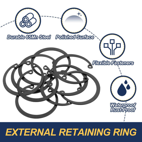 10 Pcs Internal Retaining Rings Set 48mm C Clip Snap Rings 65Mn Steel Circlips for Automotive Grooved Shafts and Studs Durable Manganese Steel With Oxidation Finish displayed with features.