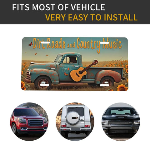 Rustic Country Truck License Plate Sign With Guitar Motif, Vintage Pickup Wall Art In Metal, Retro Farmhouse Decor