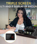 Mixed Denomination Money Counter Machine With Value Counting And Three Displays in use at a retail counter setting