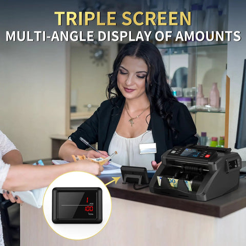 Mixed Denomination Money Counter Machine With Value Counting And Three Displays in use at a retail counter setting