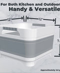 2.6 Gallon Collapsible Wash Basin With Drain Plug For Baby Bottles And Dishes showing dimensions and gray PP TPR material