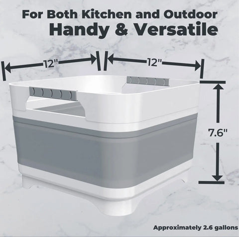 2.6 Gallon Collapsible Wash Basin With Drain Plug For Baby Bottles And Dishes showing dimensions and gray PP TPR material