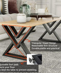 Heavy Duty 16 Inch Coffee Table Legs Set Of 2 Industrial Metal Bench Legs With 600 Lbs Load Capacity Rust Proof Matte Black Adjustable Feet For DIY Benches End Tables And Side Tables, shown under a wooden tabletop with X-frame design.