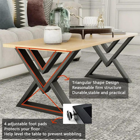 Heavy Duty 16 Inch Coffee Table Legs Set Of 2 Industrial Metal Bench Legs With 600 Lbs Load Capacity Rust Proof Matte Black Adjustable Feet For DIY Benches End Tables And Side Tables, shown under a wooden tabletop with X-frame design.
