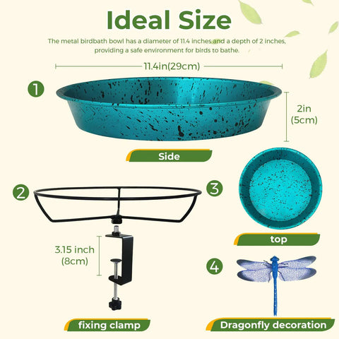 Built Tough Deck Mounted Bird Bath For Balcony Railing With Adjustable Secure Clamp Outdoor Metal Birdbath Lake Blue bowl and clamp dimensions.