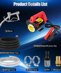 Heavy Duty 12V Diesel Transfer Pump Kit 11.9 GPM Electric Fuel Pump with nozzle and hoses for diesel and kerosene use.