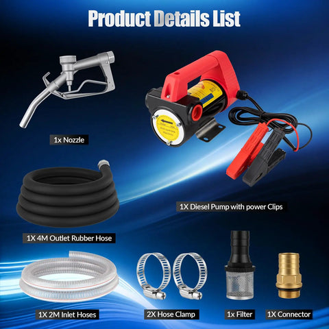 Heavy Duty 12V Diesel Transfer Pump Kit 11.9 GPM Electric Fuel Pump with nozzle and hoses for diesel and kerosene use.