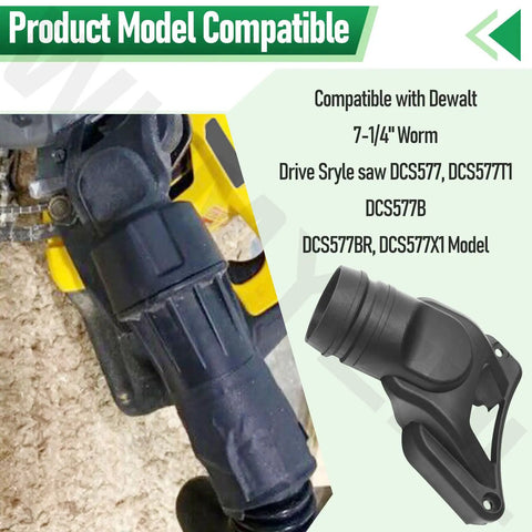 Dust Collection Adaptor For 7-1/4 Inch Worm Drive Saws, shown with 1-1/2 inch hose compatibility and angled adapter installation